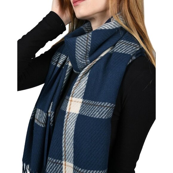 Winter Scarf Women's Shawl Cashmere Feel Tassel Plaid Oversized Scarves Navy - Picture 4 of 6